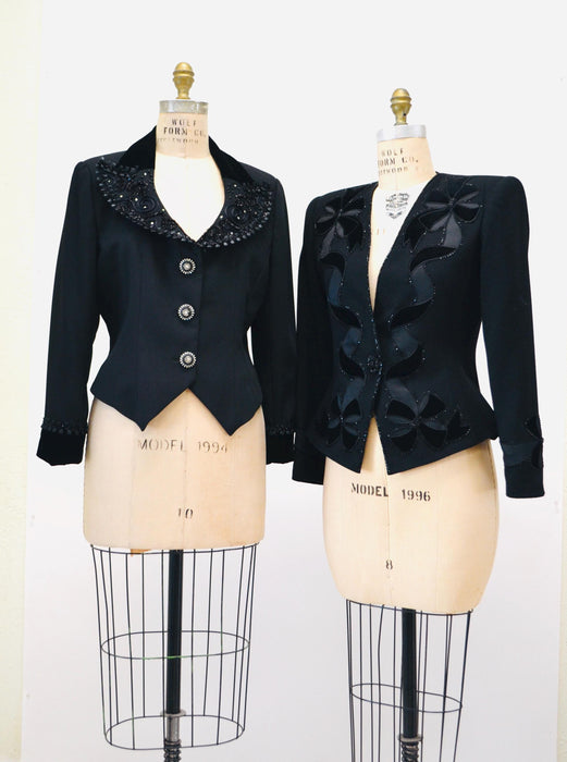 90s Vintage Black Rhinestone Party Jacket Blazer Medium//  90s Glam Formal Black Tie Black beaded Jacket Medium Criscione Rhinestone buttons