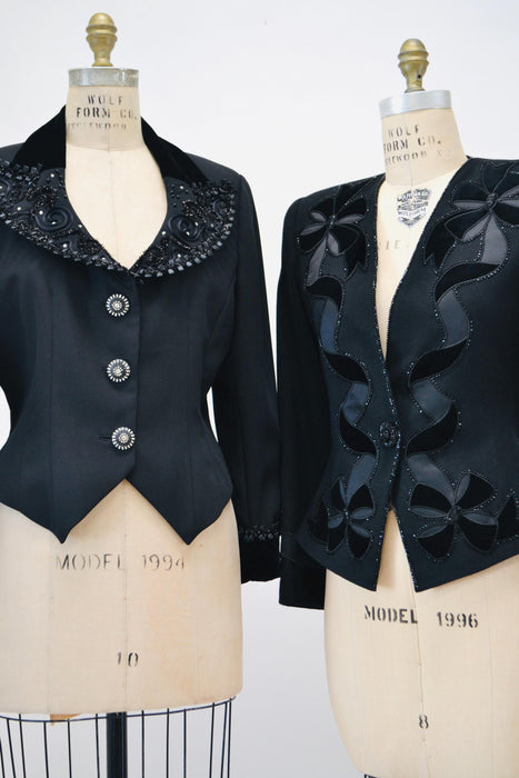 90s Vintage Black Rhinestone Party Jacket Blazer Medium//  90s Glam Formal Black Tie Black beaded Jacket Medium Criscione Rhinestone buttons