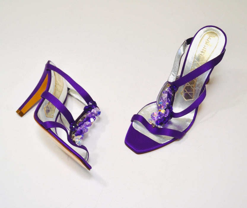 00s Purple Crystal Satin High Heel Sandals Shoes 39 9 Purple Silk Satin Evening High Heels Purple high Heel Jeweled Sandals 8 1/2 Magrit