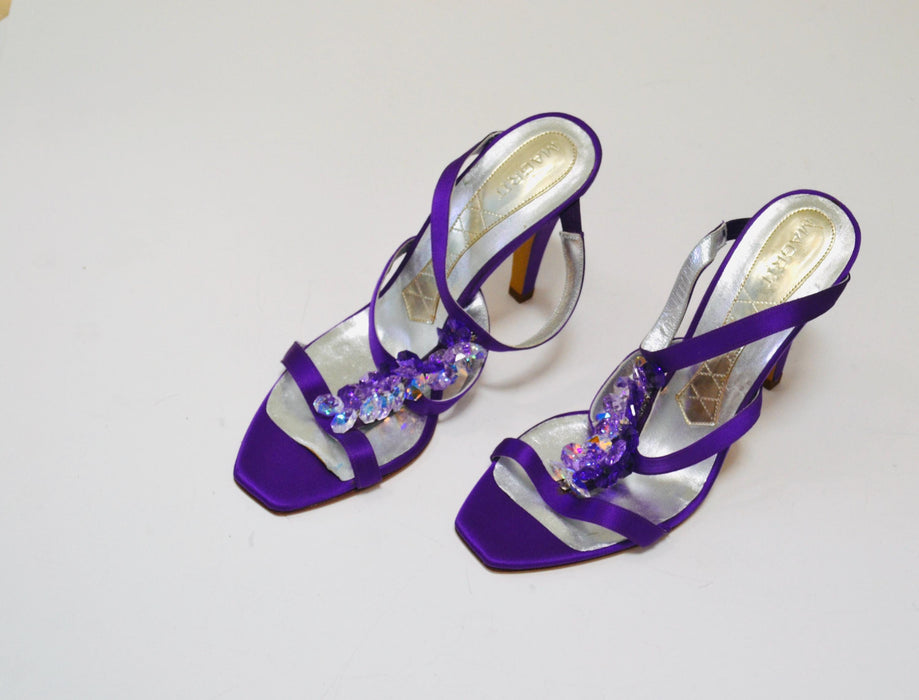 00s Purple Crystal Satin High Heel Sandals Shoes 39 9 Purple Silk Satin Evening High Heels Purple high Heel Jeweled Sandals 8 1/2 Magrit