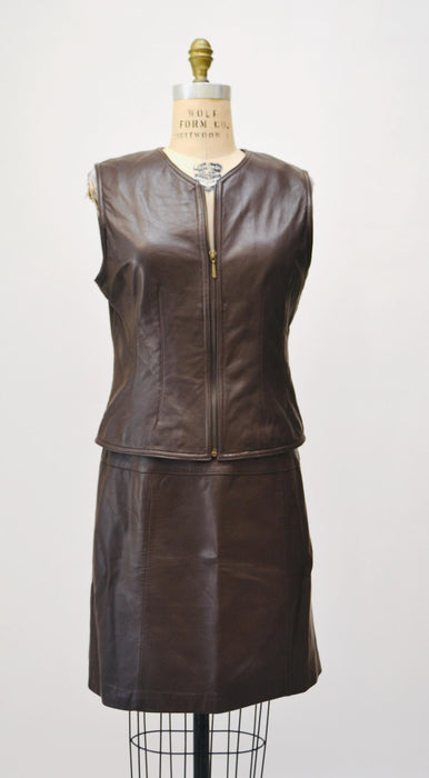 80s 90s Vintage Brown Leather Vest and Skirt Suit Leather Medium Large Leather Vest Skirt Brown Leather Skirt By