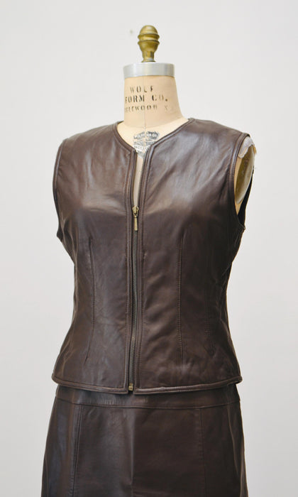 80s 90s Vintage Brown Leather Vest and Skirt Suit Leather Medium Large Leather Vest Skirt Brown Leather Skirt By