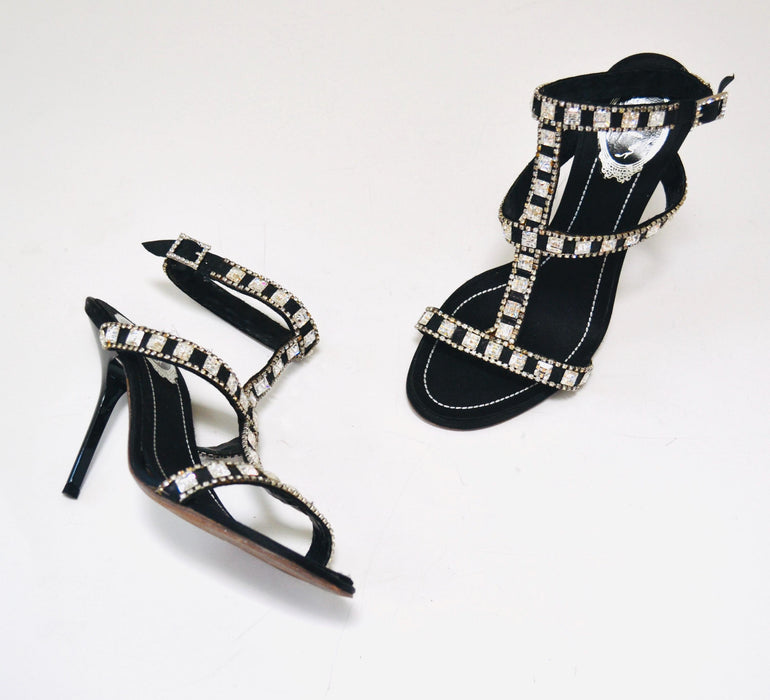 Vintage 00s Black Rhinestone High Heel Sandals Size 7 37 By Rene Caovilla Rhinestone High Heel Sandals Strapy Wedding Shoes Ankle strap heel