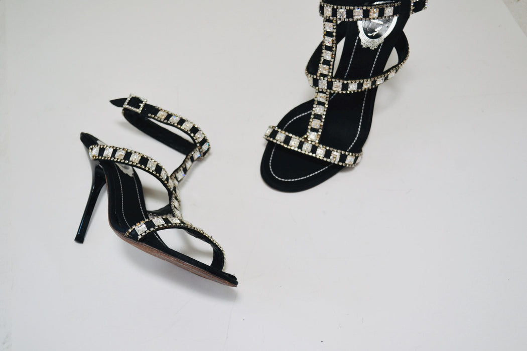 Vintage 00s Black Rhinestone High Heel Sandals Size 7 37 By Rene Caovilla Rhinestone High Heel Sandals Strapy Wedding Shoes Ankle strap heel