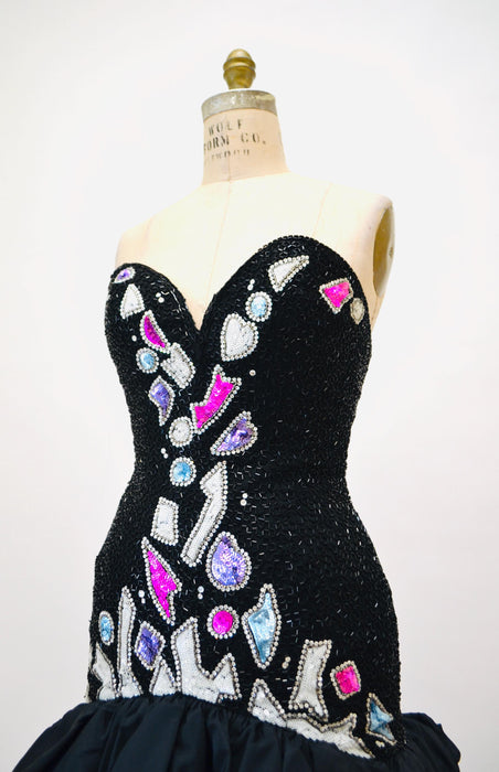 80s 90s Vintage Bob Mackie Dress Black Sequin Beaded Metallic Strapless Dress XS Small// Black Metallic beaded Dress XS Small Bob Mackie