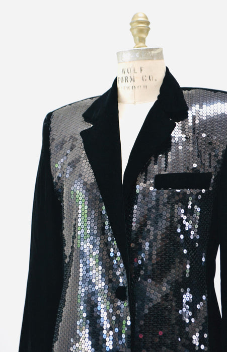 90s Vintage Black Sequin Jacket Blazer Medium//  90s Glam Party Black Sequin Jacket Size Small Medium By Criscione Party Jacket