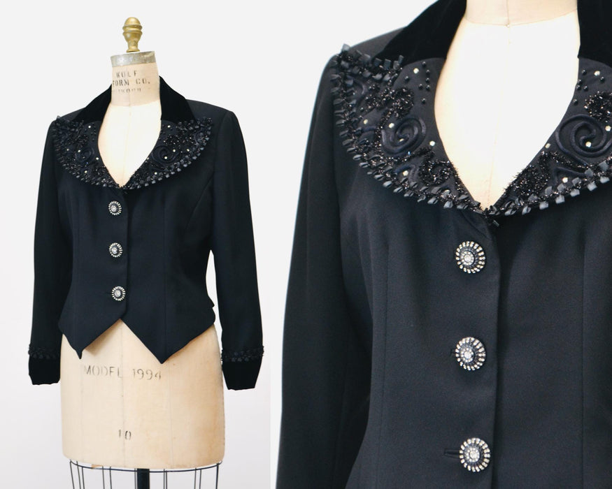 90s Vintage Black Rhinestone Party Jacket Blazer Medium//  90s Glam Formal Black Tie Black beaded Jacket Medium Criscione Rhinestone buttons