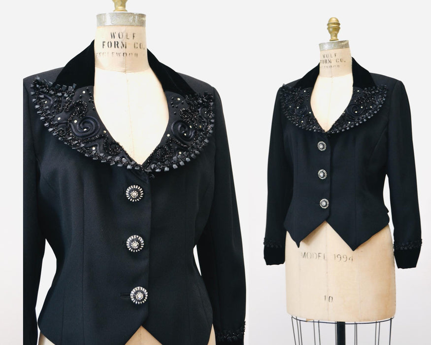 90s Vintage Black Rhinestone Party Jacket Blazer Medium//  90s Glam Formal Black Tie Black beaded Jacket Medium Criscione Rhinestone buttons