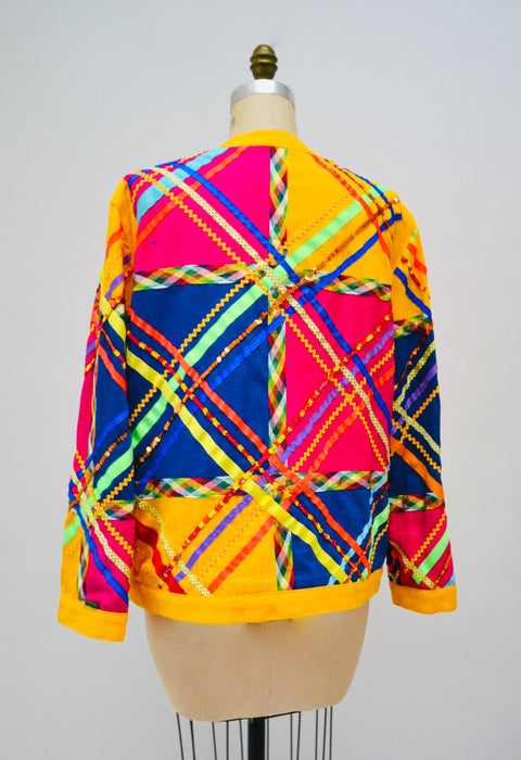 Vintage 90s Patch work Quilted Jacket Ribbon Sequin Vintage Yellow Party Jacket Gene Ewing Bis Jacket Rick Rack Ribbon Rainbow 1991 Neimans