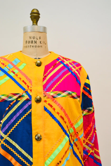Vintage 90s Patch work Quilted Jacket Ribbon Sequin Vintage Yellow Party Jacket Gene Ewing Bis Jacket Rick Rack Ribbon Rainbow 1991 Neimans