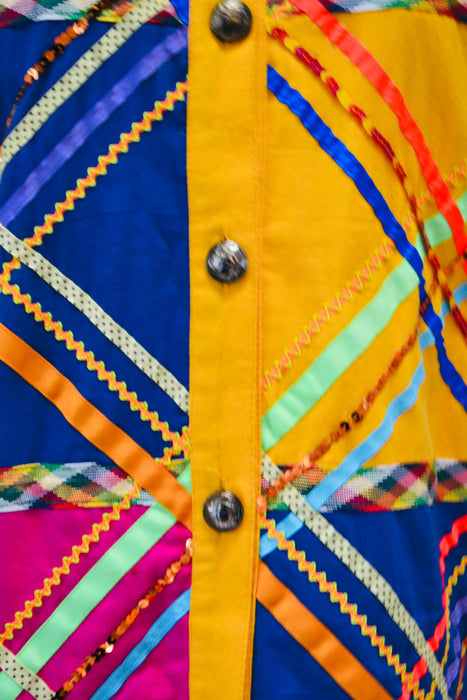 Vintage 90s Patch work Quilted Jacket Ribbon Sequin Vintage Yellow Party Jacket Gene Ewing Bis Jacket Rick Rack Ribbon Rainbow 1991 Neimans
