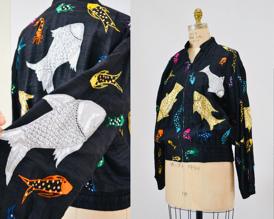 80s 90s Vintage Sequin Jacket Tropical Fish Black Beaded Jacket Medium Large // Vintage Black beaded Jacket Fish Ocean Cruise Beach Jacket