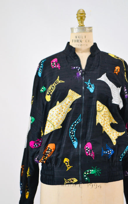 80s 90s Vintage Sequin Jacket Tropical Fish Black Beaded Jacket Medium Large // Vintage Black beaded Jacket Fish Ocean Cruise Beach Jacket
