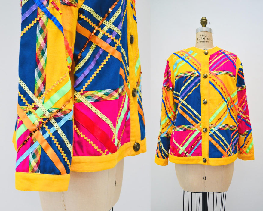 Vintage 90s Patch work Quilted Jacket Ribbon Sequin Vintage Yellow Party Jacket Gene Ewing Bis Jacket Rick Rack Ribbon Rainbow 1991 Neimans