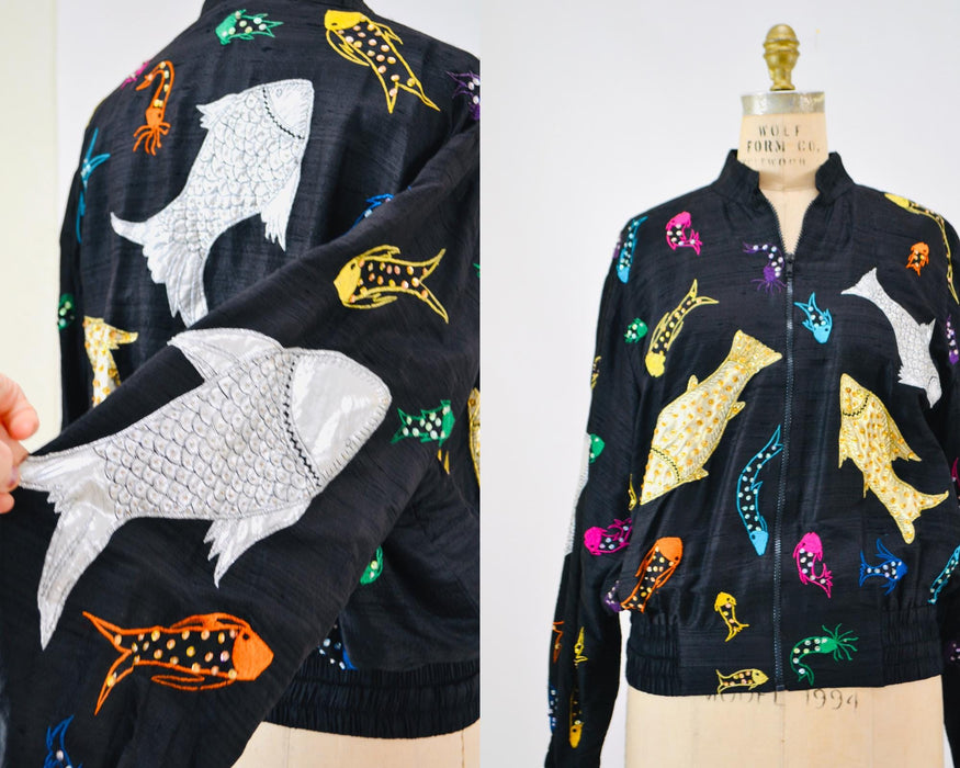 80s 90s Vintage Sequin Jacket Tropical Fish Black Beaded Jacket Medium Large // Vintage Black beaded Jacket Fish Ocean Cruise Beach Jacket