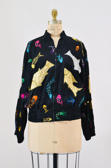80s 90s Vintage Sequin Jacket Tropical Fish Black Beaded Jacket Medium Large // Vintage Black beaded Jacket Fish Ocean Cruise Beach Jacket
