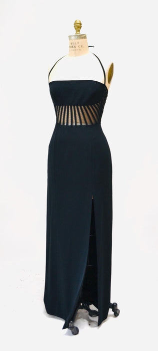 90s Vintage Black Halter Dress, Sheer Mesh, Sexy Party Gown (Size Small/Medium) 90s body con dress long 90s prom dress