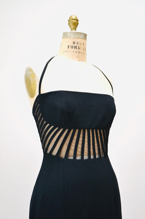 90s Vintage Black Halter Dress, Sheer Mesh, Sexy Party Gown (Size Small/Medium) 90s body con dress long 90s prom dress