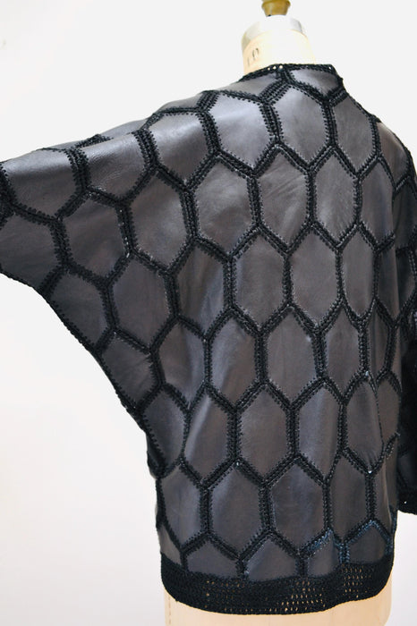 Vintage Black Leather Patchwork Jacket, Granny Square Cardigan, Medium