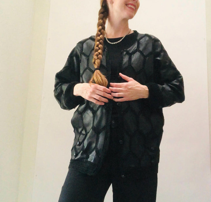 Vintage Black Leather Patchwork Jacket, Granny Square Cardigan, Medium