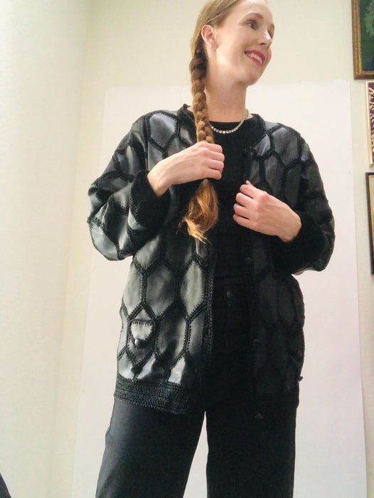 Vintage Black Leather Patchwork Jacket, Granny Square Cardigan, Medium
