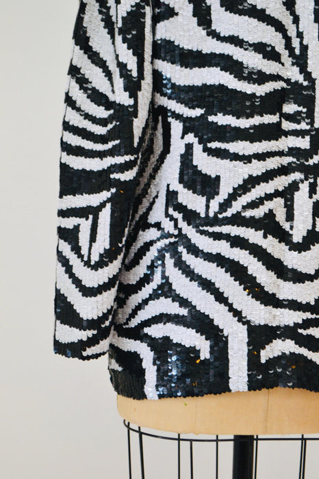 80s 90s Vintage Zebra Sequin Jacket Small Medium Stripe// 90s Black White Sequin Beaded Wedding Party Jacket Zebra Animal Sequin Blazer