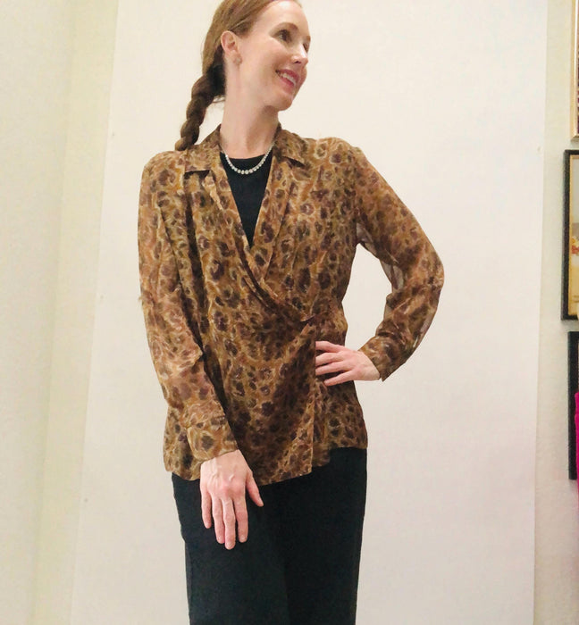80s 90s Vintage Emanuel Ungaro Silk Shirt Blouse Chiffon Animal leopard Print Medium// 90s Vintage Designer Silk Shirt Sheer Animal Print