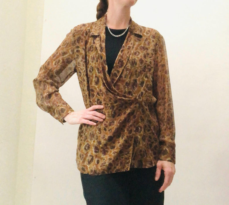 80s 90s Vintage Emanuel Ungaro Silk Shirt Blouse Chiffon Animal leopard Print Medium// 90s Vintage Designer Silk Shirt Sheer Animal Print