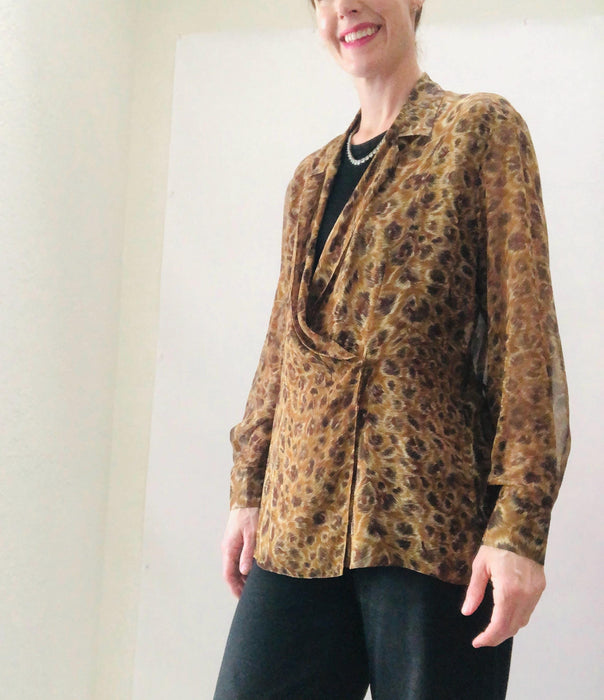 80s 90s Vintage Emanuel Ungaro Silk Shirt Blouse Chiffon Animal leopard Print Medium// 90s Vintage Designer Silk Shirt Sheer Animal Print