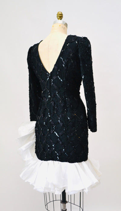 80s 90s Vintage Black Prom Party Dress Size Small Medium Black Lace Sequin Dress with Ruffles Long Sleeves// Vintage Black Lace Ruffle Dress