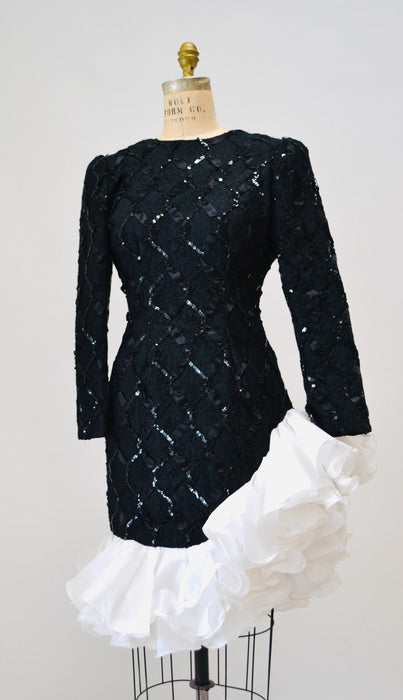 80s 90s Vintage Black Prom Party Dress Size Small Medium Black Lace Sequin Dress with Ruffles Long Sleeves// Vintage Black Lace Ruffle Dress