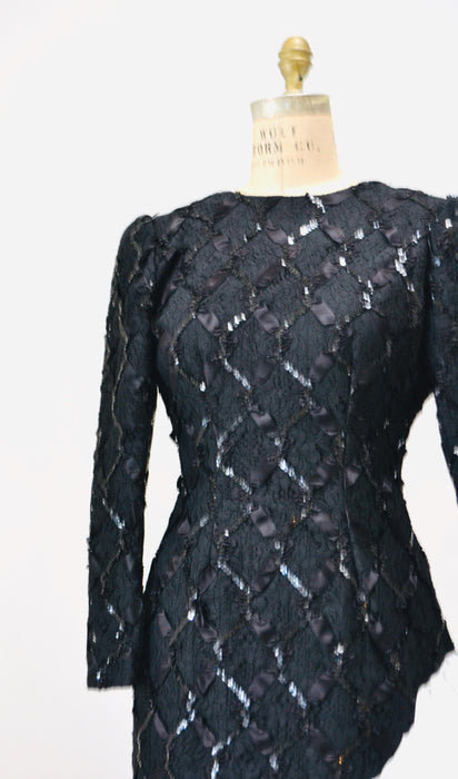 80s 90s Vintage Black Prom Party Dress Size Small Medium Black Lace Sequin Dress with Ruffles Long Sleeves// Vintage Black Lace Ruffle Dress