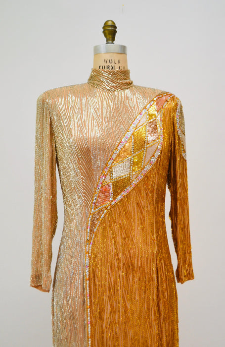80s Vintage BOB MACKIE Gold Sequin Wedding Party Dress Gold white Beaded Sequin Fringe Dress Medium I.MAGNIN Bob Mackie Showgirl Dress