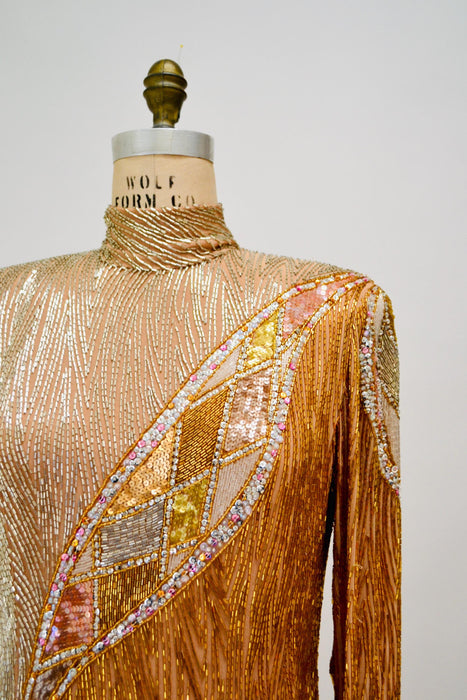 80s Vintage BOB MACKIE Gold Sequin Wedding Party Dress Gold white Beaded Sequin Fringe Dress Medium I.MAGNIN Bob Mackie Showgirl Dress