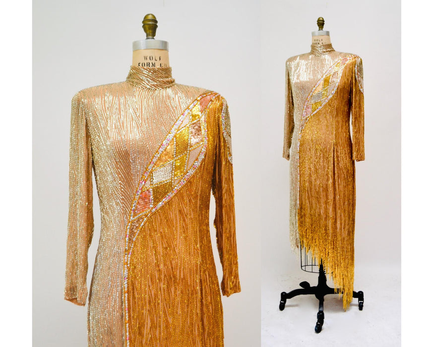 80s Vintage BOB MACKIE Gold Sequin Wedding Party Dress Gold white Beaded Sequin Fringe Dress Medium I.MAGNIN Bob Mackie Showgirl Dress