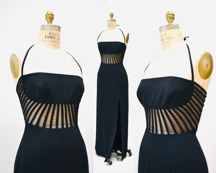 90s Vintage Black Halter Dress, Sheer Mesh, Sexy Party Gown (Size Small/Medium) 90s body con dress long 90s prom dress