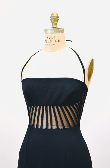 90s Vintage Black Halter Dress, Sheer Mesh, Sexy Party Gown (Size Small/Medium) 90s body con dress long 90s prom dress