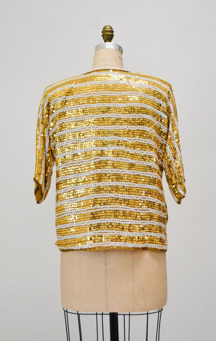 Vintage Gold Sequin Jacket, 90s Silk Party Top, Medium