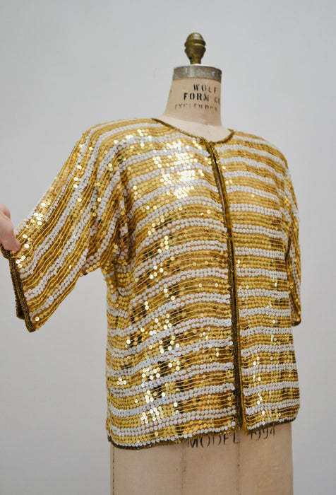 Vintage Gold Sequin Jacket, 90s Silk Party Top, Medium
