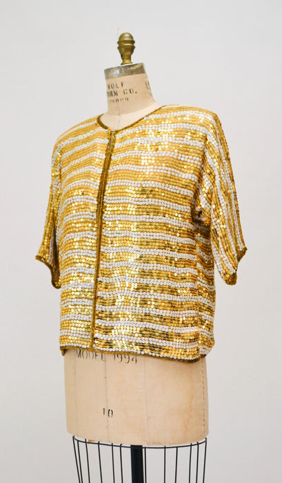 Vintage Gold Sequin Jacket, 90s Silk Party Top, Medium
