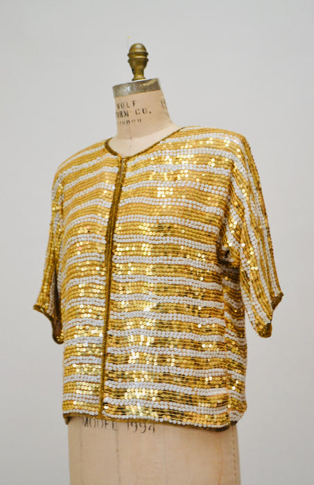 Vintage Gold Sequin Jacket, 90s Silk Party Top, Medium