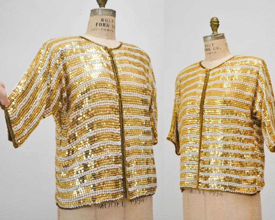 Vintage Gold Sequin Jacket, 90s Silk Party Top, Medium