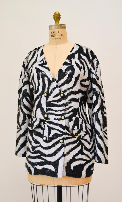80s 90s Vintage Zebra Sequin Jacket Small Medium Stripe// 90s Black White Sequin Beaded Wedding Party Jacket Zebra Animal Sequin Blazer