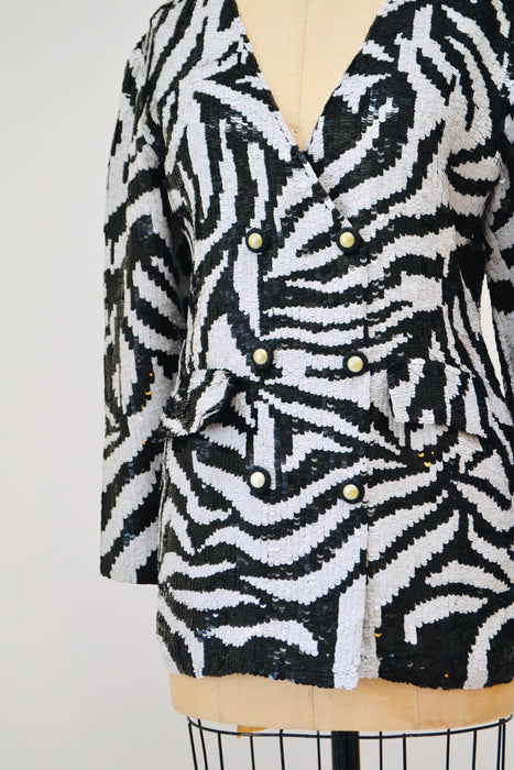 80s 90s Vintage Zebra Sequin Jacket Small Medium Stripe// 90s Black White Sequin Beaded Wedding Party Jacket Zebra Animal Sequin Blazer