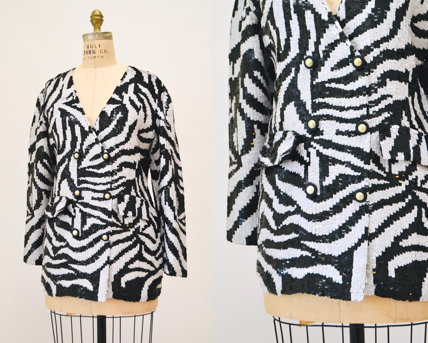 80s 90s Vintage Zebra Sequin Jacket Small Medium Stripe// 90s Black White Sequin Beaded Wedding Party Jacket Zebra Animal Sequin Blazer