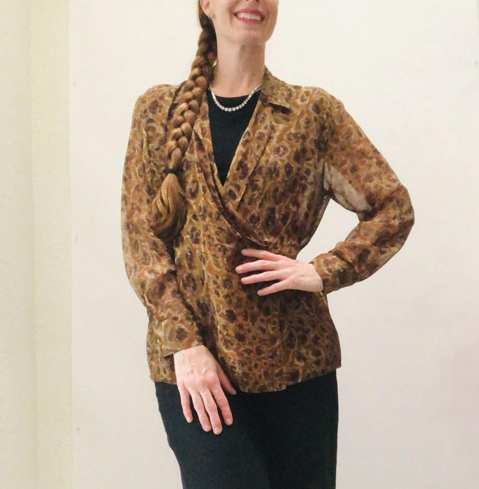 80s 90s Vintage Emanuel Ungaro Silk Shirt Blouse Chiffon Animal leopard Print Medium// 90s Vintage Designer Silk Shirt Sheer Animal Print