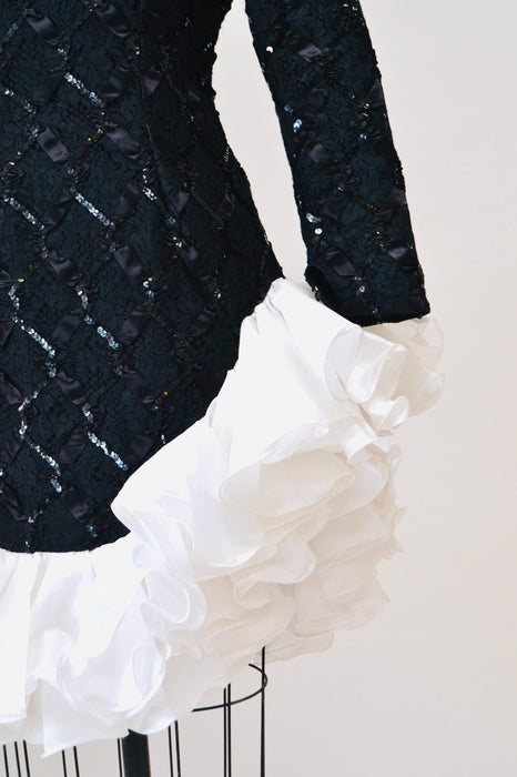 80s 90s Vintage Black Prom Party Dress Size Small Medium Black Lace Sequin Dress with Ruffles Long Sleeves// Vintage Black Lace Ruffle Dress