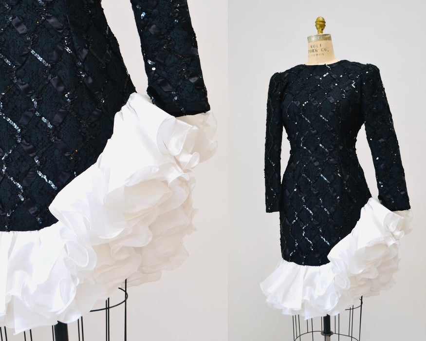 80s 90s Vintage Black Prom Party Dress Size Small Medium Black Lace Sequin Dress with Ruffles Long Sleeves// Vintage Black Lace Ruffle Dress