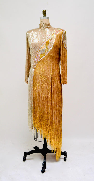 80s Vintage BOB MACKIE Gold Sequin Wedding Party Dress Gold white Beaded Sequin Fringe Dress Medium I.MAGNIN Bob Mackie Showgirl Dress
