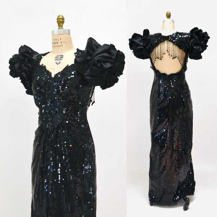 80s Vintage Black Prom Dress Sequin Dress Evening Gown 80s Medium Large// 80s Pageant Dress Black Sequins Fringe Drag Queen Alyce Designs